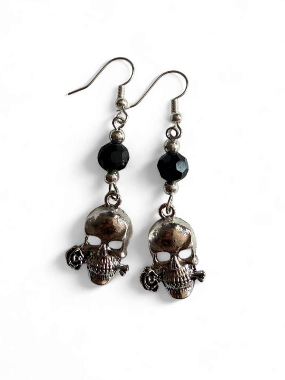 Handmade Silver Skull Rose Gothic Dangle Earrings